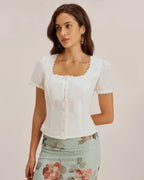 White Lace Blouse with Square Neck and Button Details