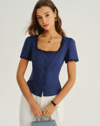 Navy Square Neck Button-Up Top