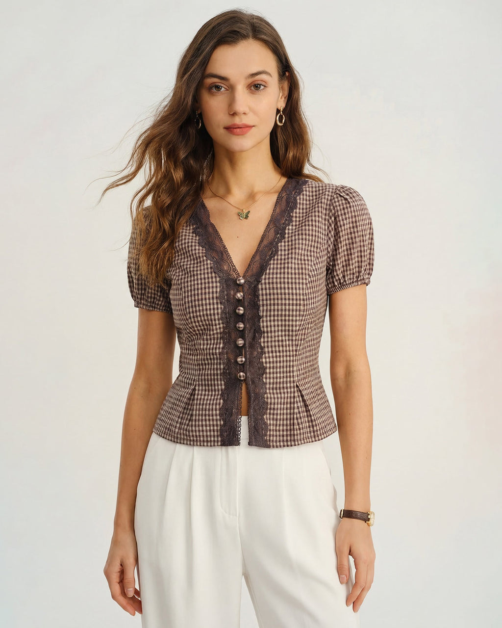 Plaid Blouse with Puffed Sleeves and V-Neck in Brown