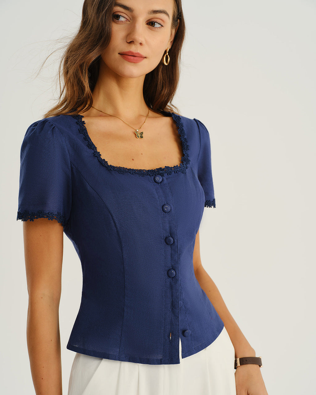 Navy Square Neck Button-Up Top