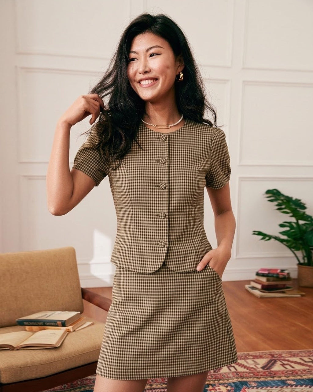 Brown Checkered Puff Sleeve Top