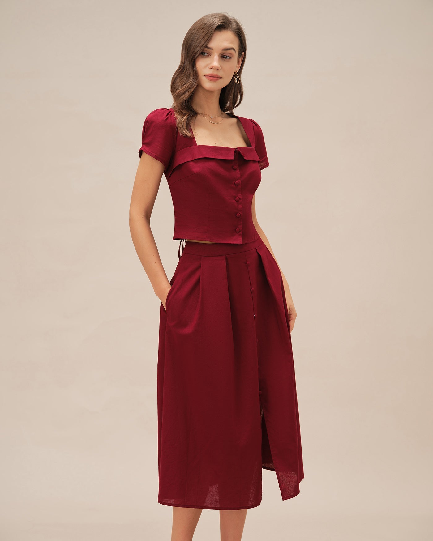 Red Square Neck Blouse with Cross Tie Detail