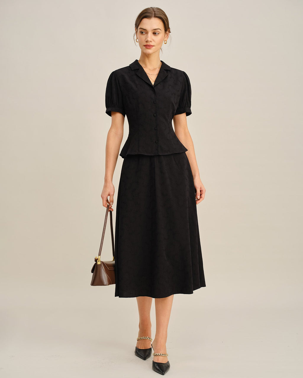 Button-Up Blouse with Black Embroidered Collar