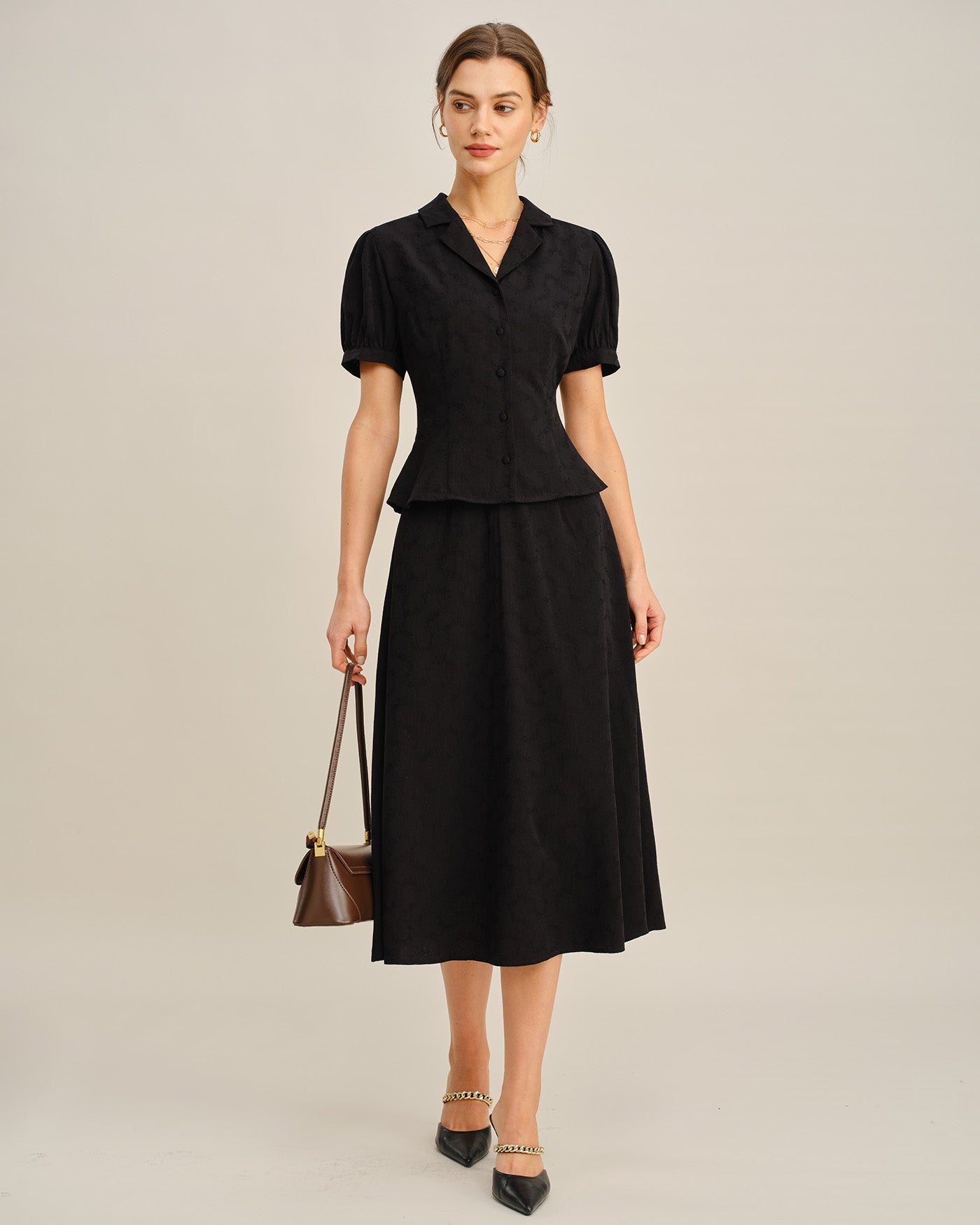 Button-Up Blouse with Black Embroidered Collar