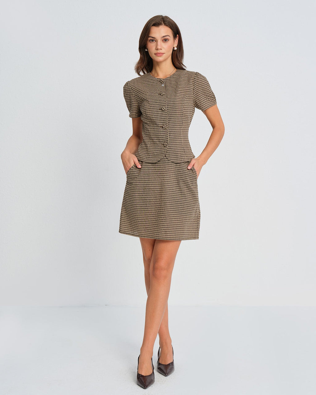 Brown Checkered Puff Sleeve Top
