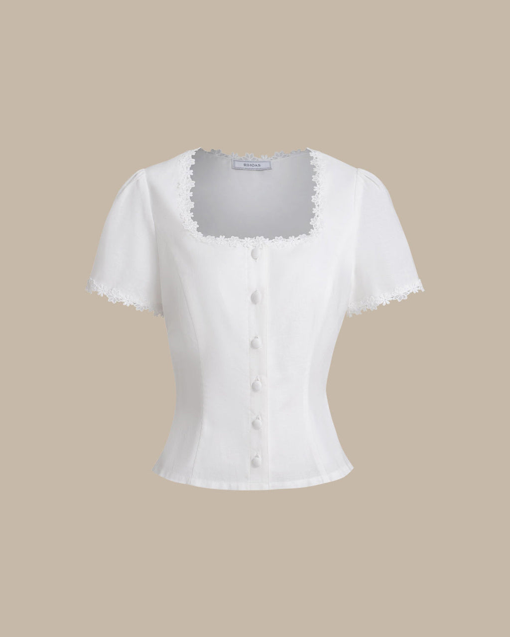 White Lace Blouse with Square Neck and Button Details