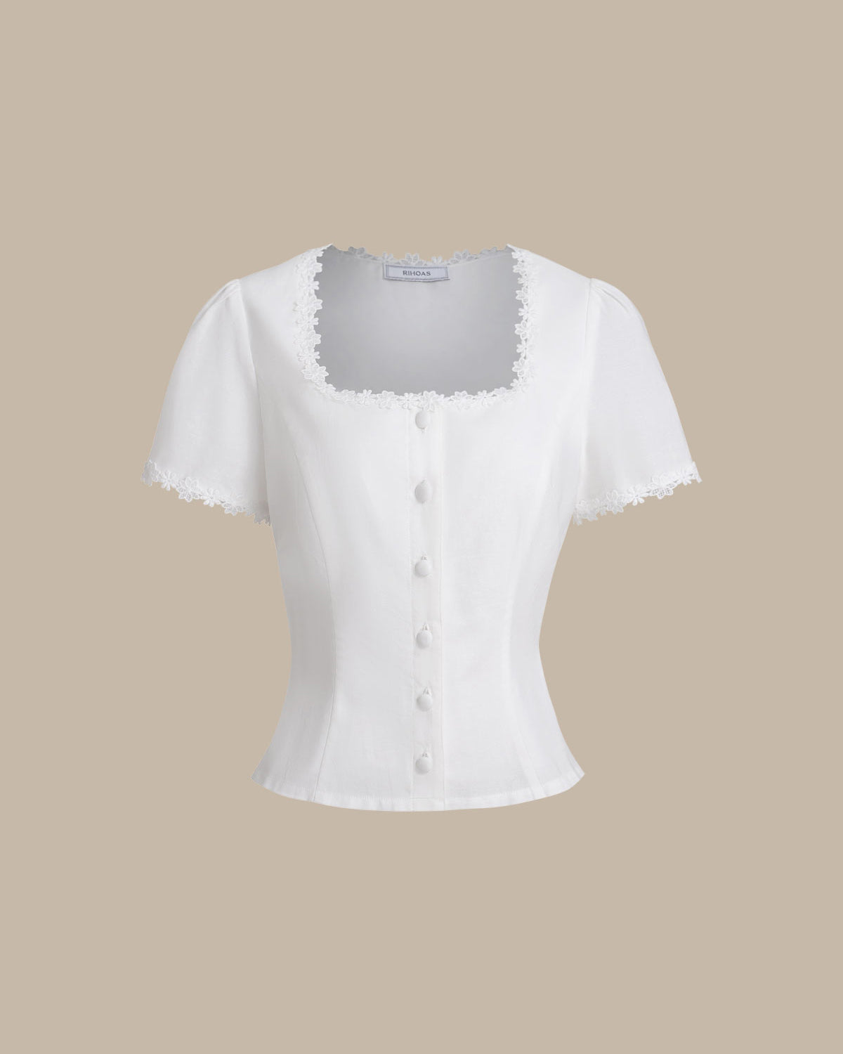 White Lace Blouse with Square Neck and Button Details