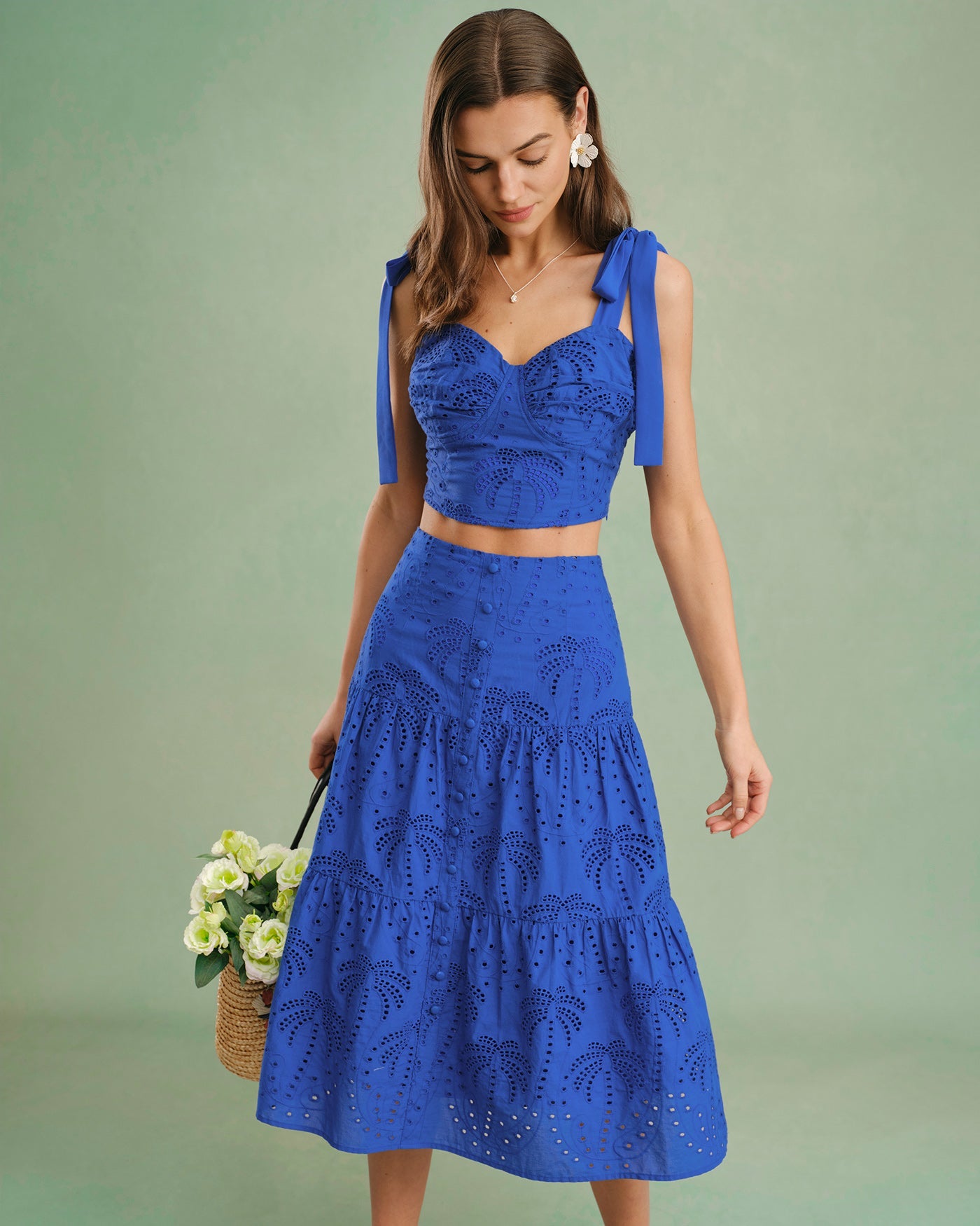 Embroidered Cami Top with Blue Sweetheart Neckline