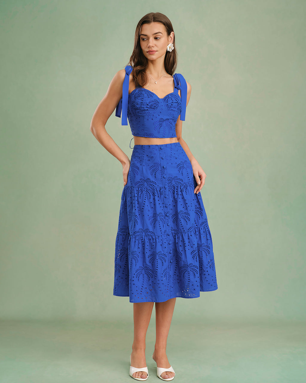 Embroidered Cami Top with Blue Sweetheart Neckline