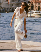 Straight Pants with White Floral Embroidery