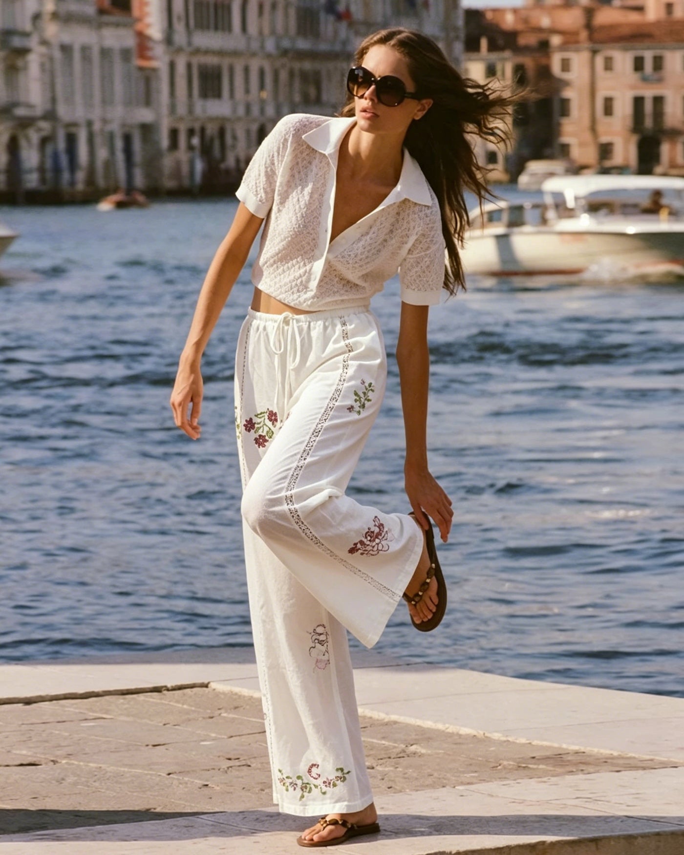 Straight Pants with White Floral Embroidery