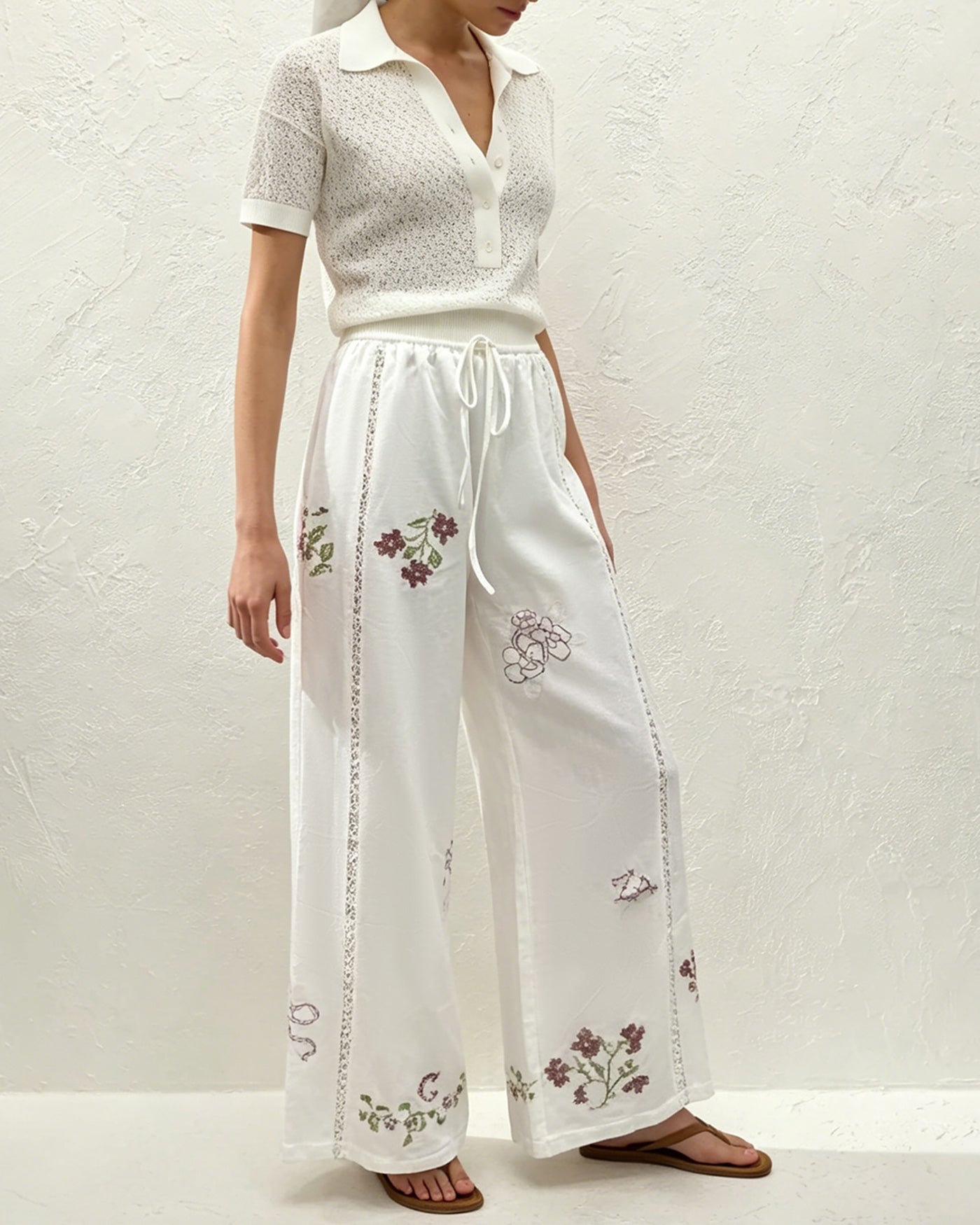 Straight Pants with White Floral Embroidery