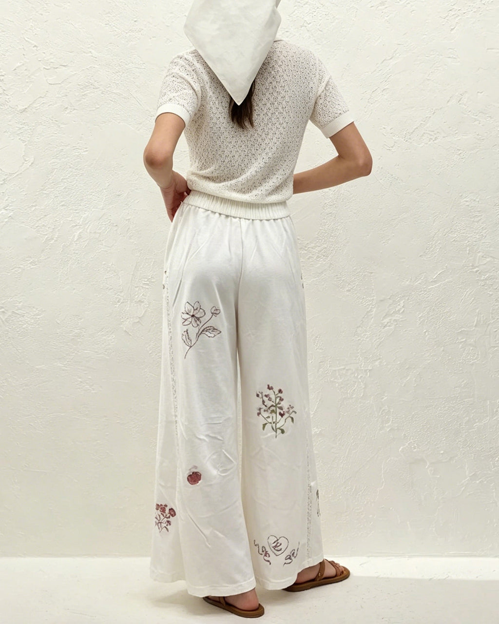 Straight Pants with White Floral Embroidery