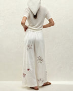 Straight Pants with White Floral Embroidery