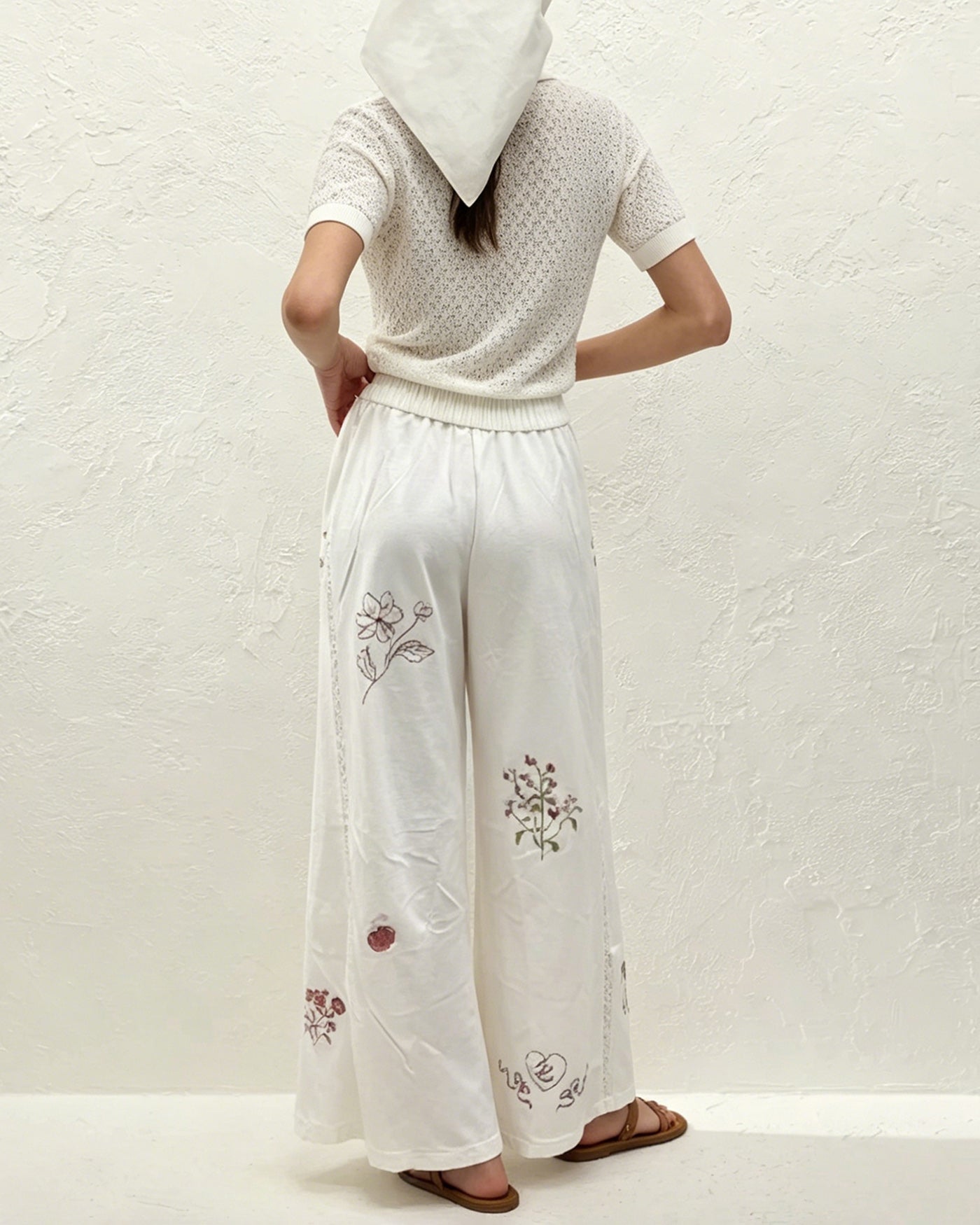 Straight Pants with White Floral Embroidery