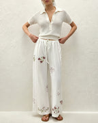 Straight Pants with White Floral Embroidery