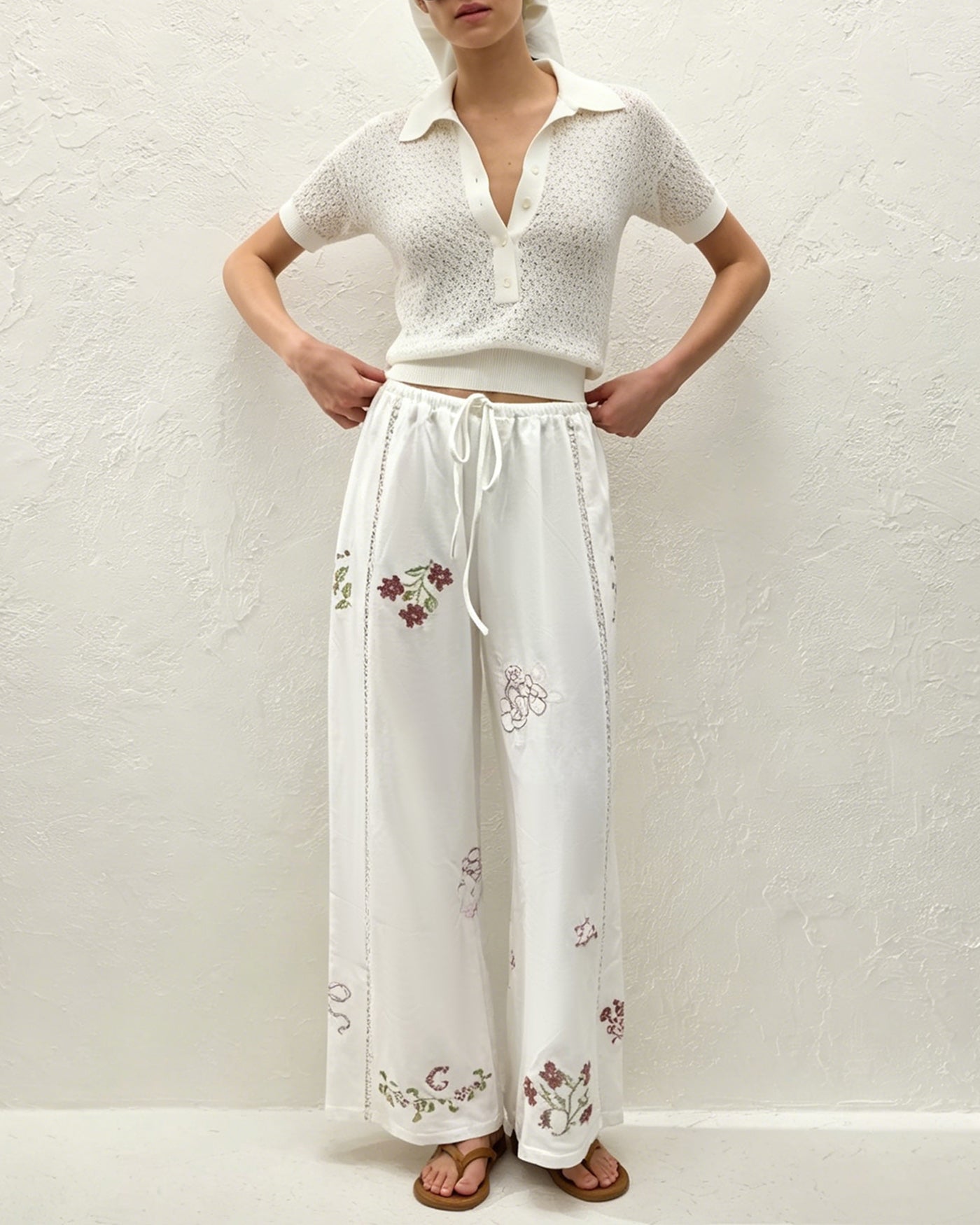 Straight Pants with White Floral Embroidery