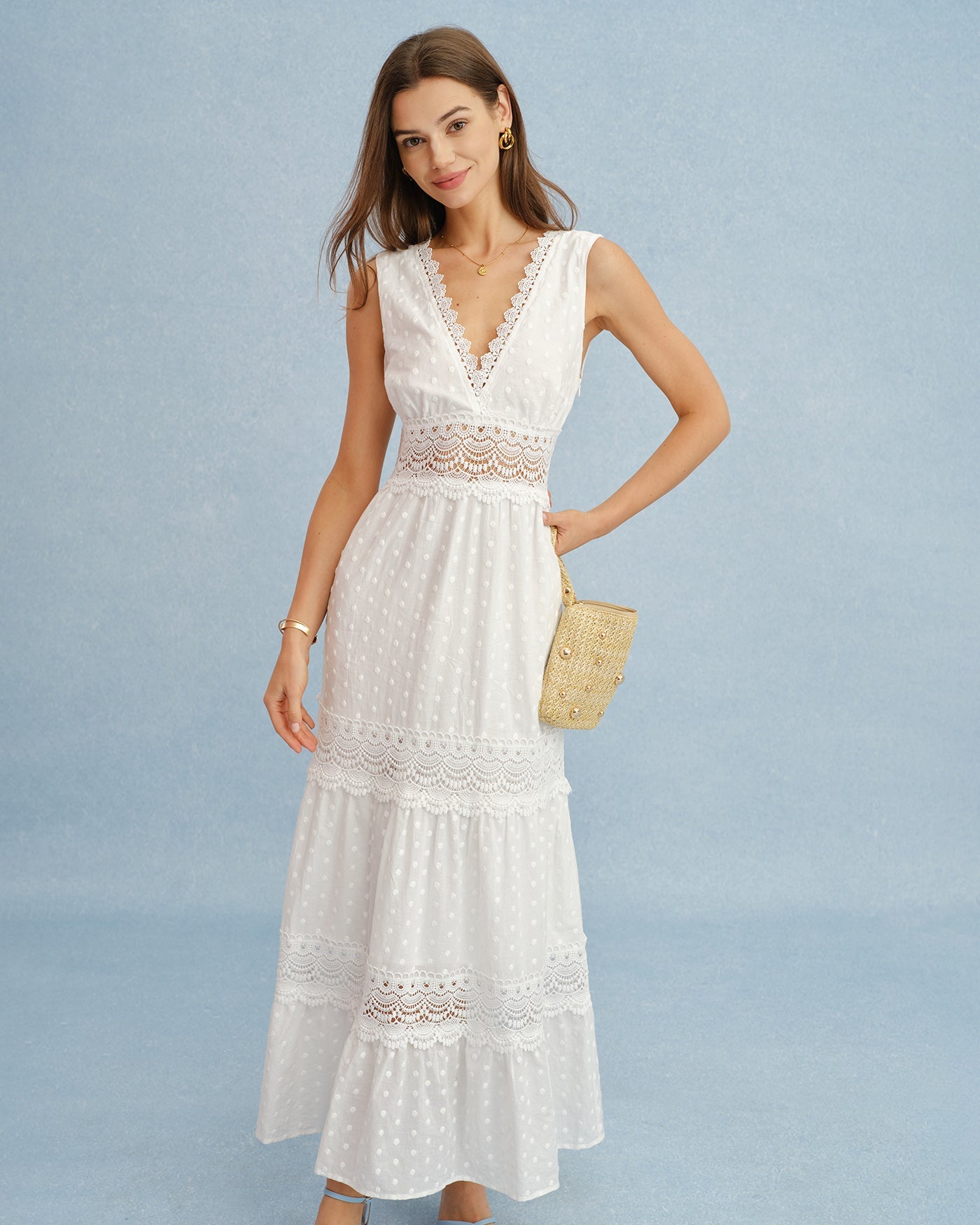 Maxi Dress with White V-Neck and Spliced Tie Detail