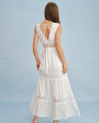 Maxi Dress with White V-Neck and Spliced Tie Detail