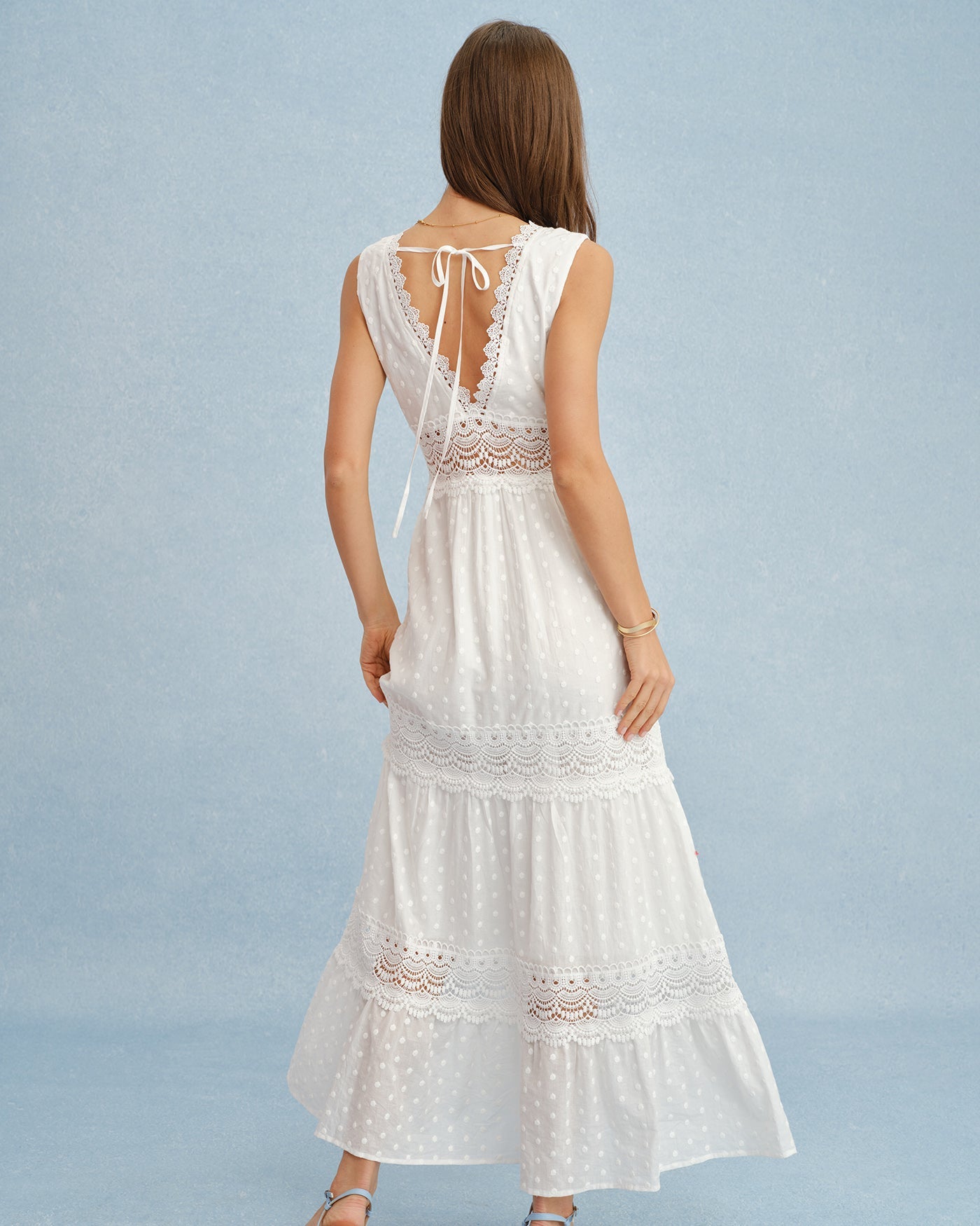 Maxi Dress with White V-Neck and Spliced Tie Detail