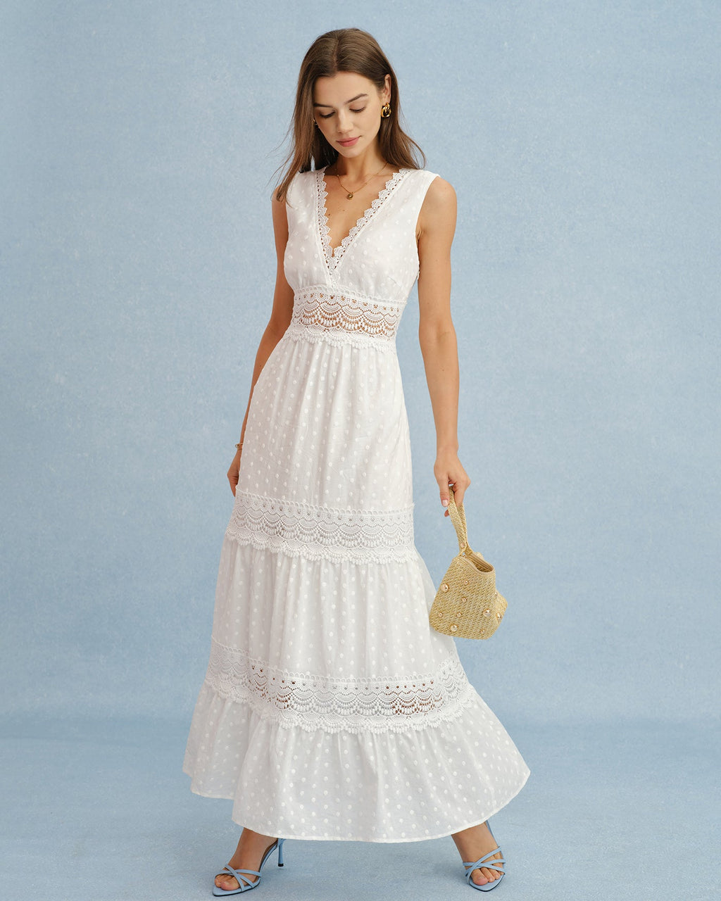 Maxi Dress with White V-Neck and Spliced Tie Detail