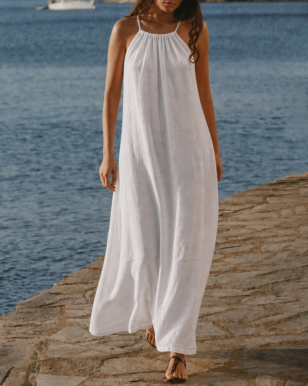 White A-Line Maxi Dress with Tie Straps
