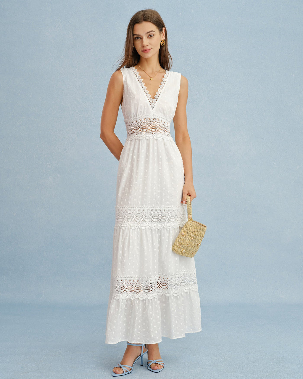 Maxi Dress with White V-Neck and Spliced Tie Detail