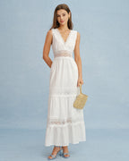 Maxi Dress with White V-Neck and Spliced Tie Detail