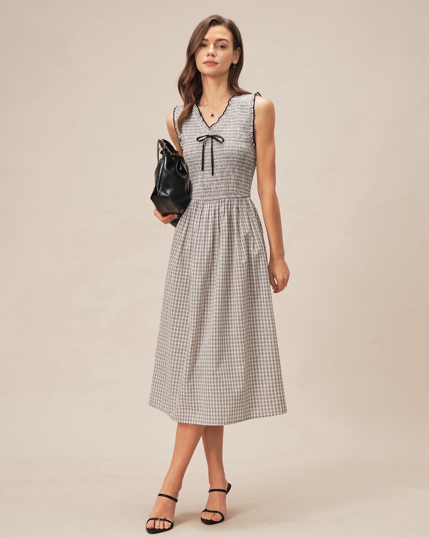 Plaid Midi Dress with Black V-Neck