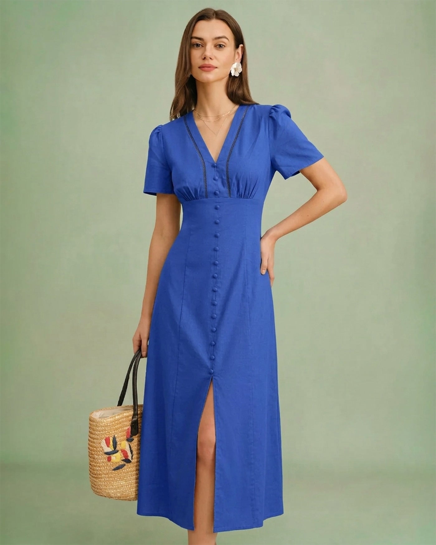 Blue A-Line Midi Dress with V-Neck and Button Details