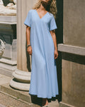Blue V-Neck Midi Dress with Pockets