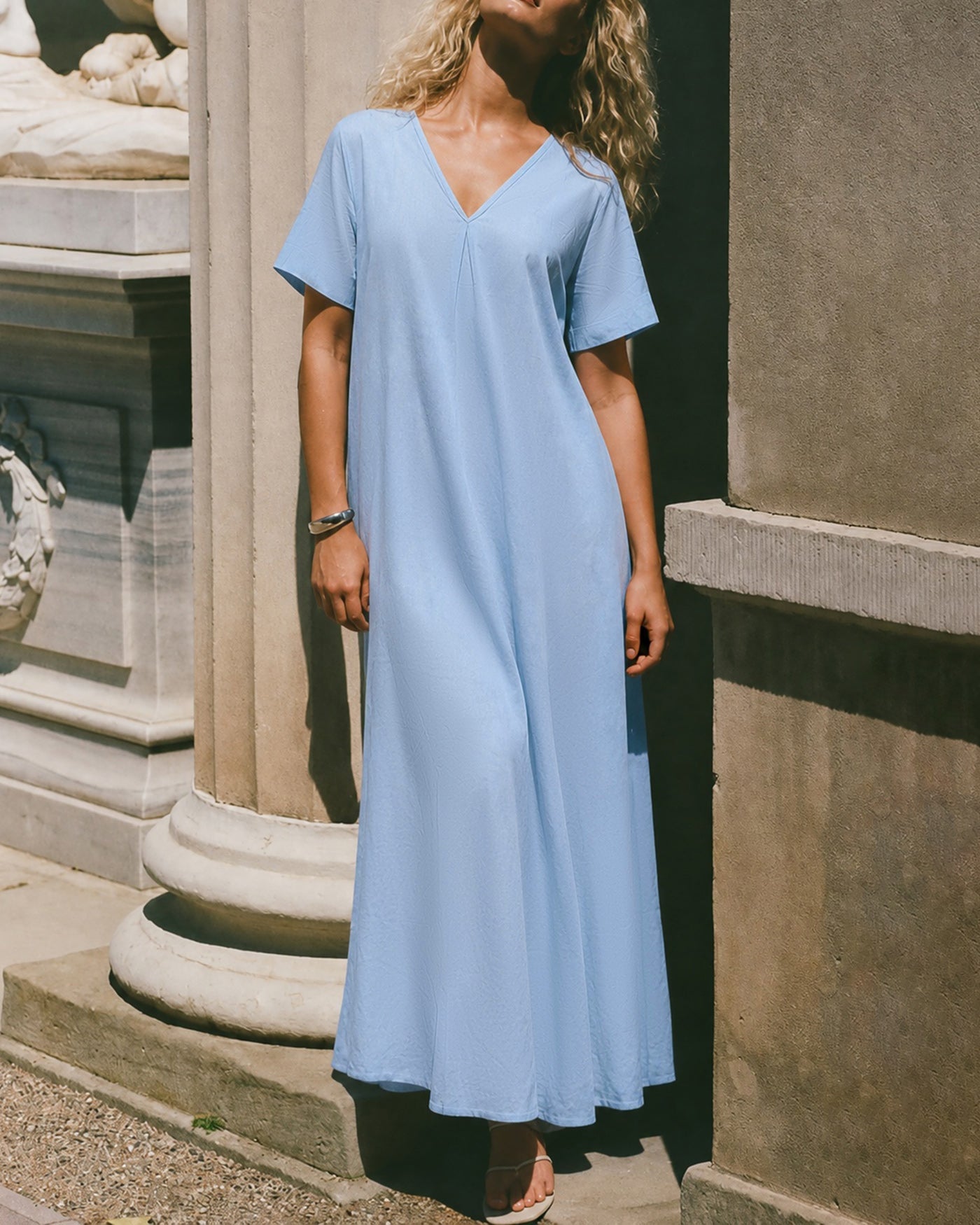Blue V-Neck Midi Dress with Pockets