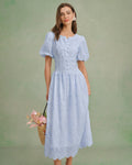 Textured Midi Dress with Blue Floral Design