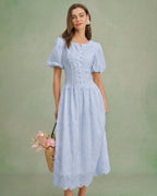 Textured Midi Dress with Blue Floral Design