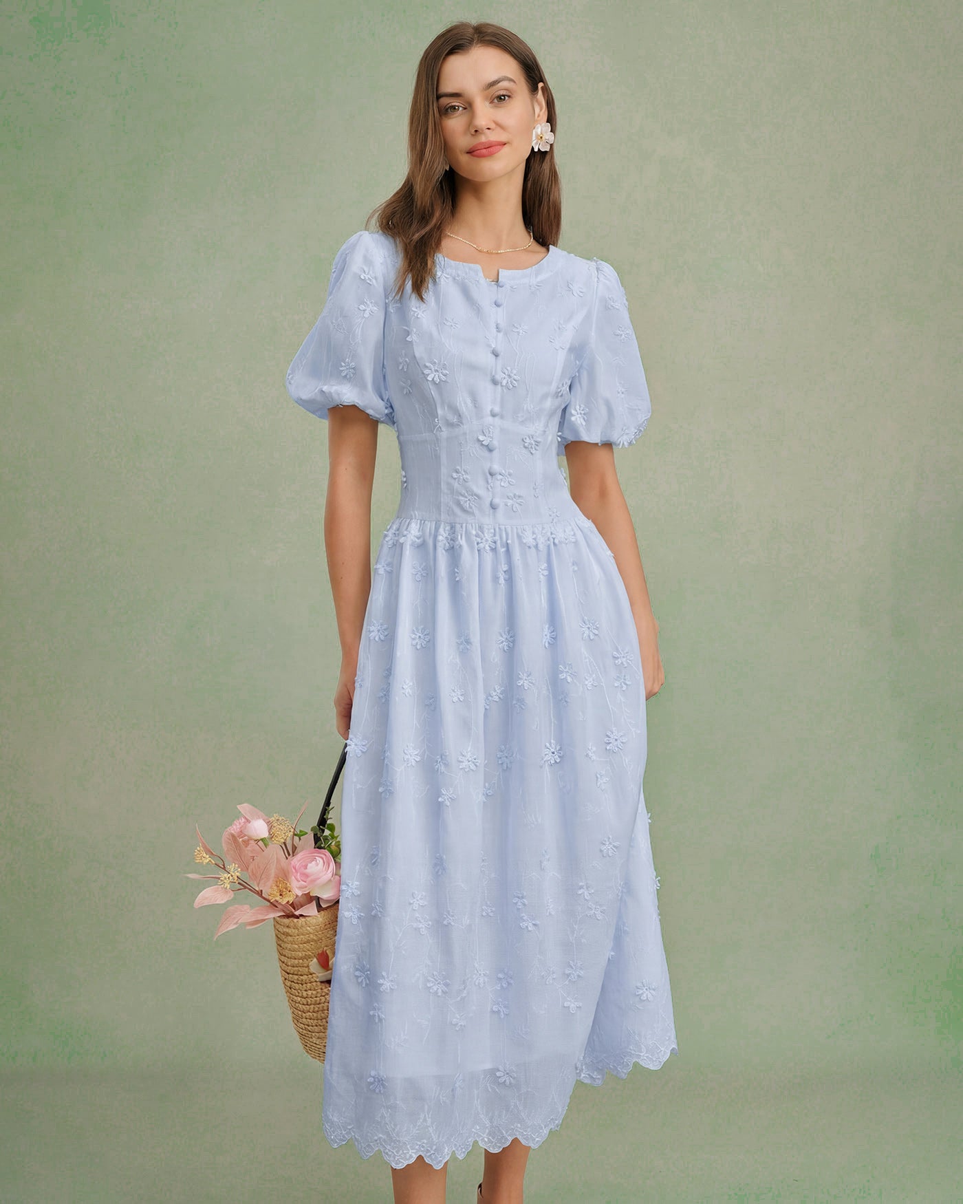 Textured Midi Dress with Blue Floral Design