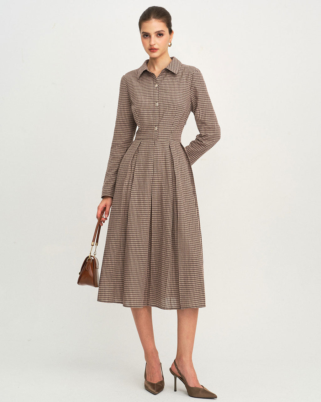 Brown Checkered A-Line Midi Dress