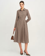 Brown Checkered A-Line Midi Dress