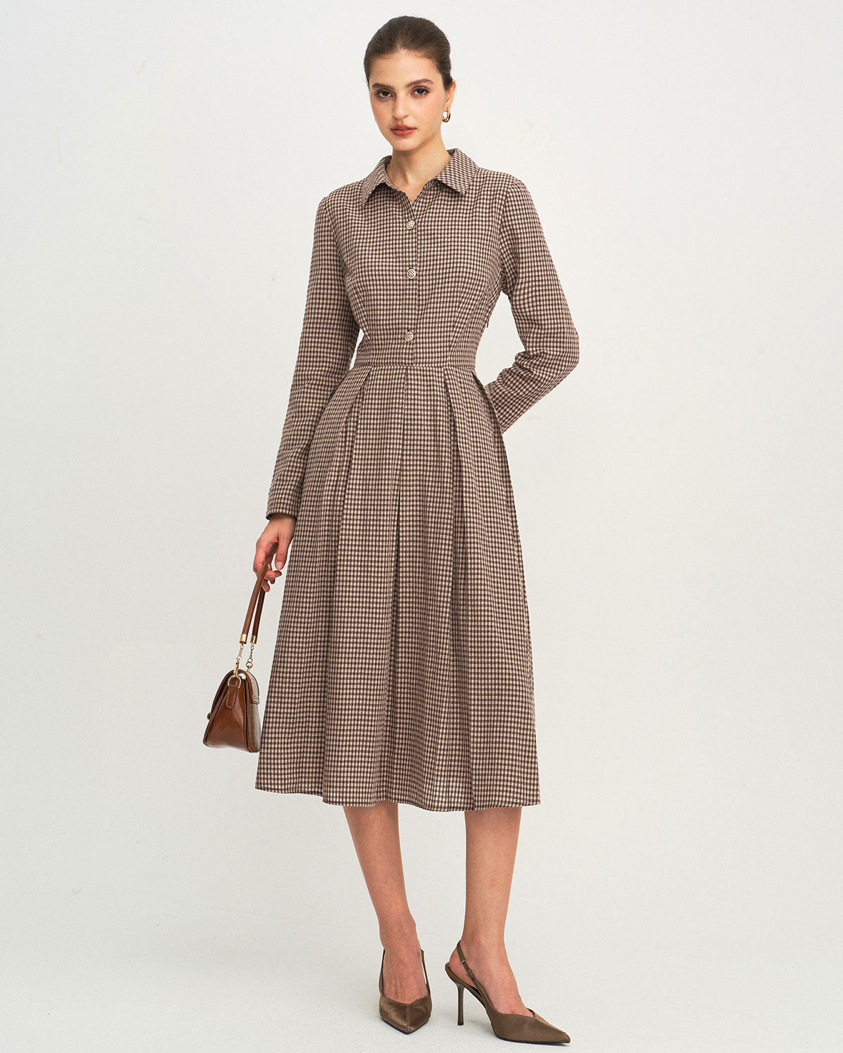 Brown Checkered A-Line Midi Dress