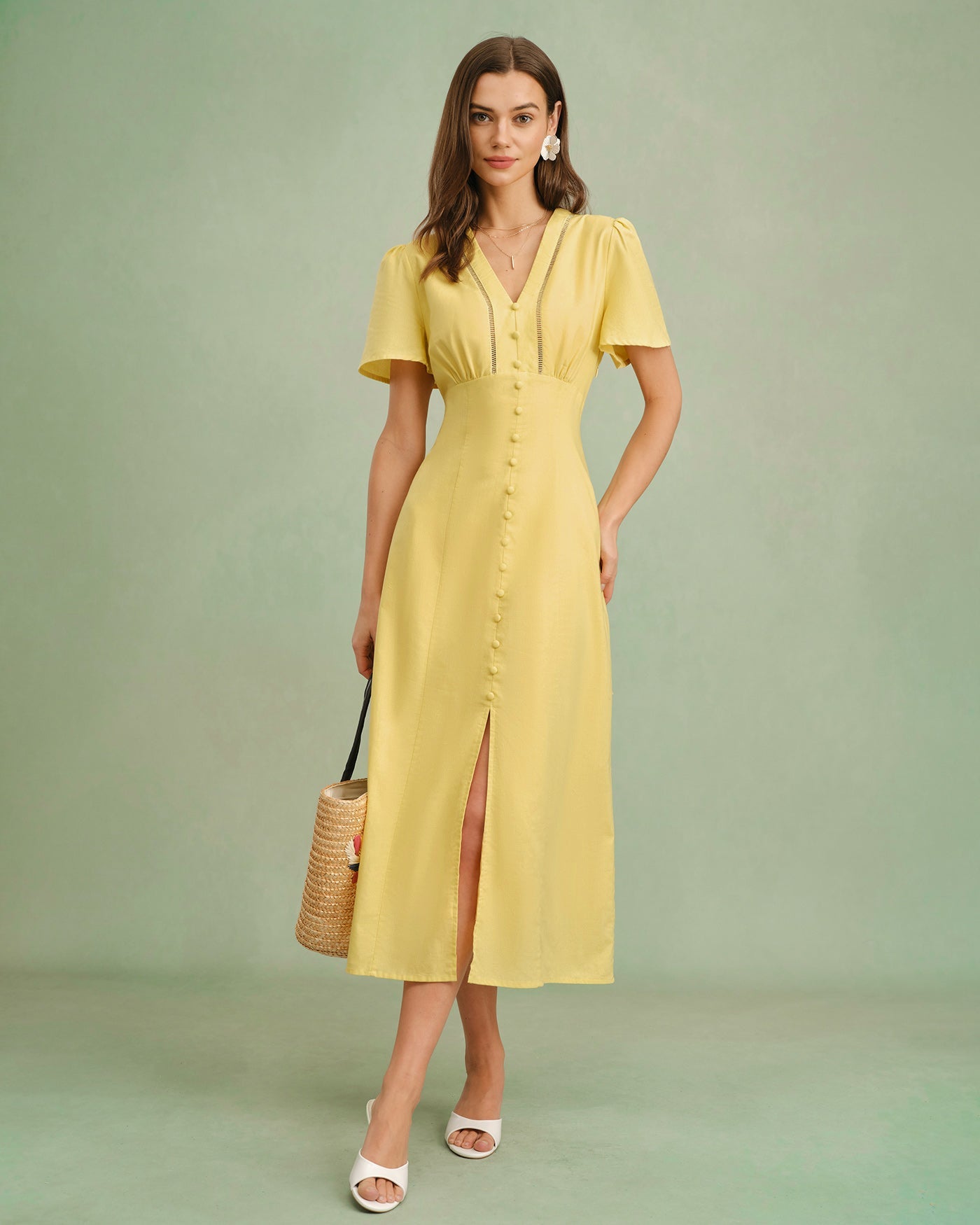 Yellow V-Neck Midi Dress with Buttons