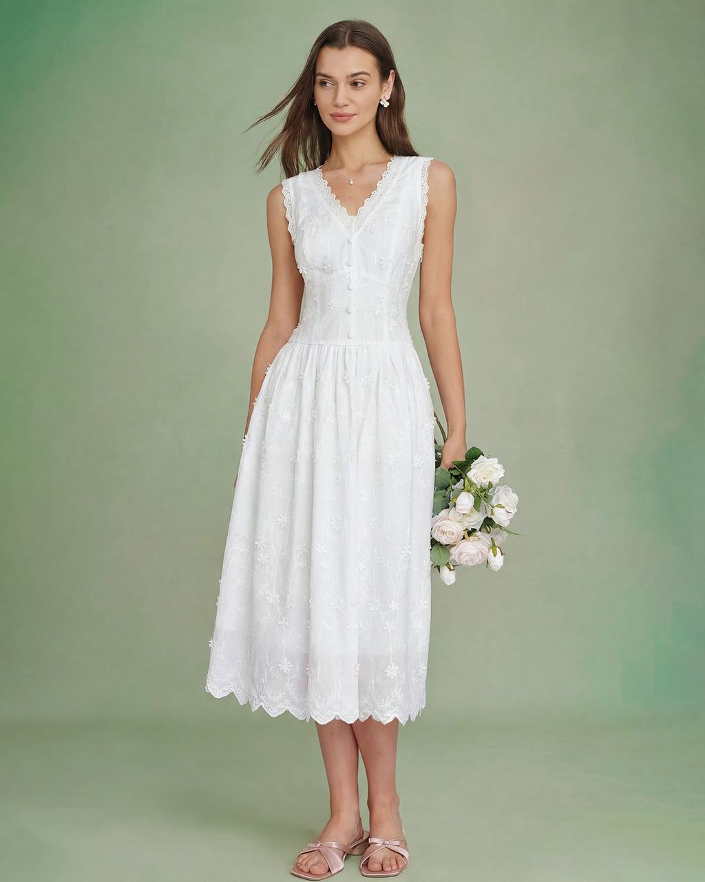 Embroidered White V-Neck Midi Dress