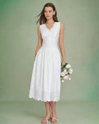 Embroidered White V-Neck Midi Dress