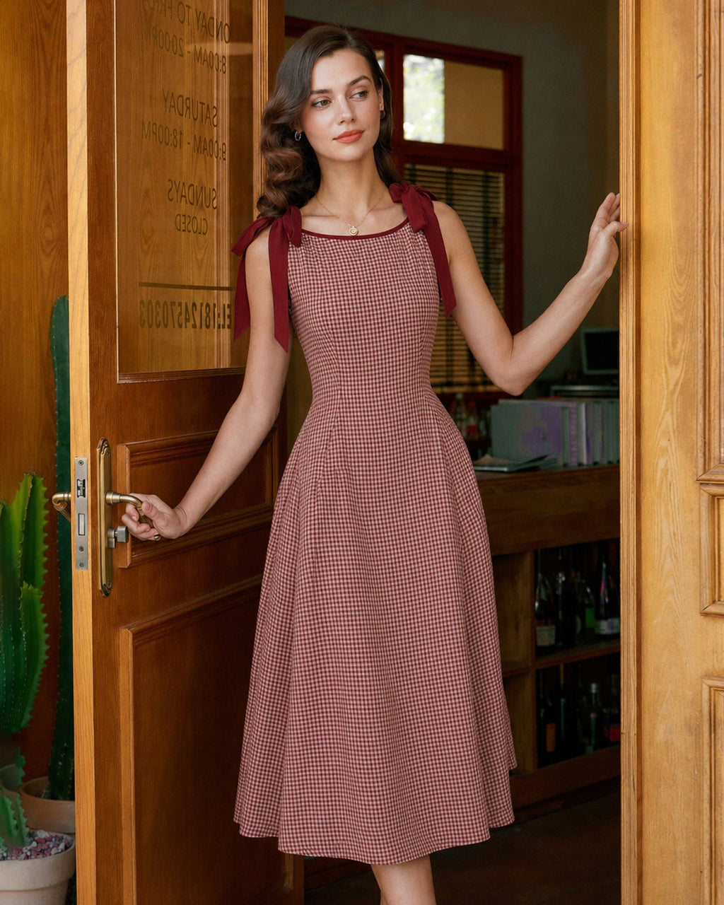 Red Gingham A-Line Midi Dress with Tie Straps