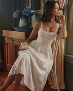 Shirred Midi Dress with White Lace Accents