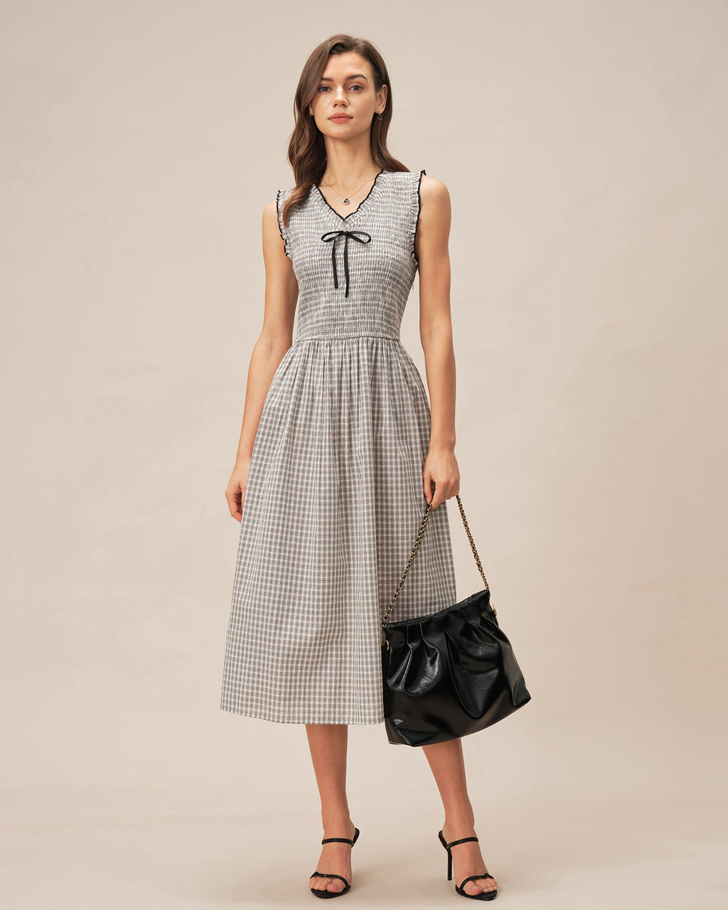 Plaid Midi Dress with Black V-Neck