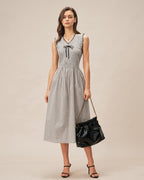 Plaid Midi Dress with Black V-Neck