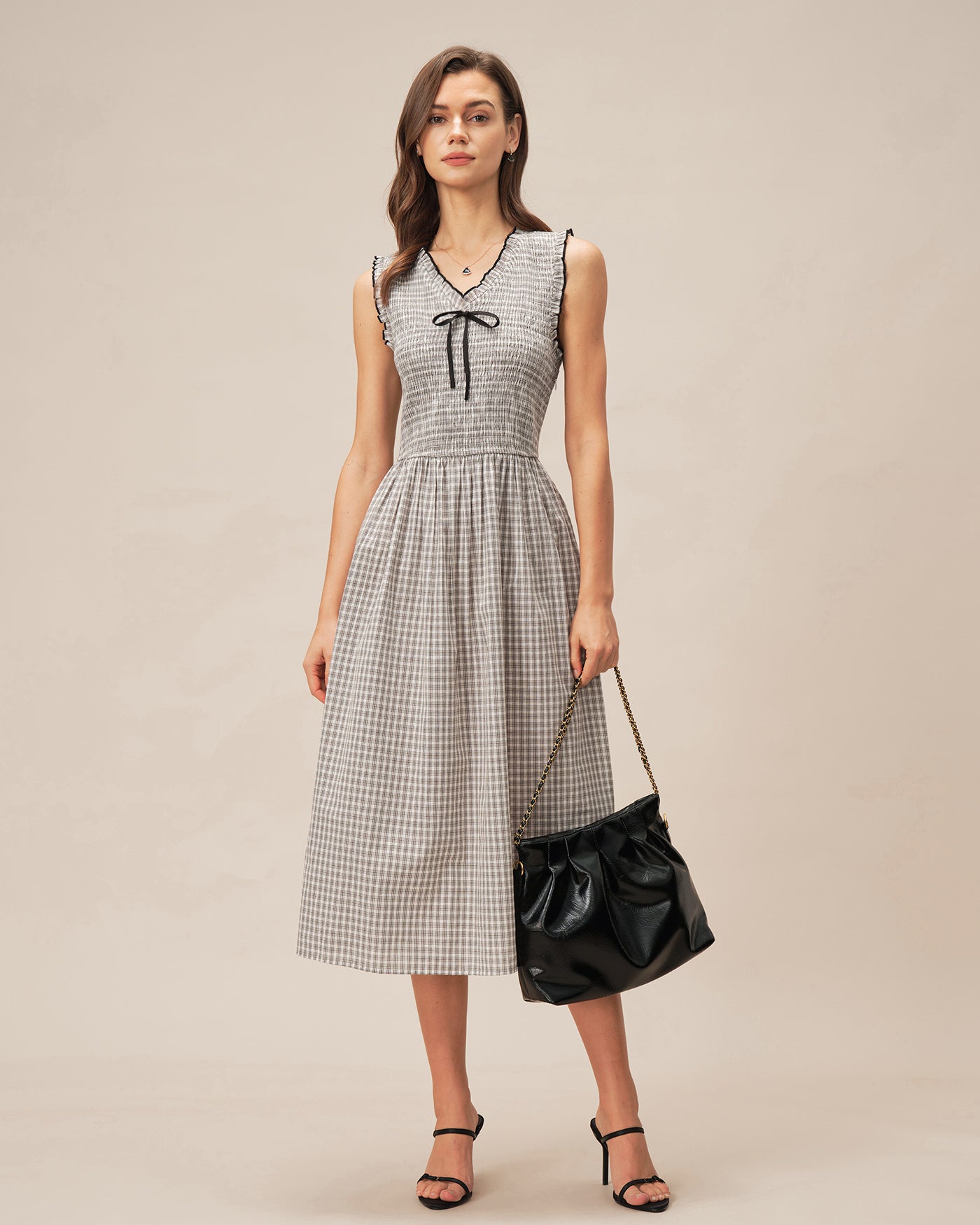 Plaid Midi Dress with Black V-Neck