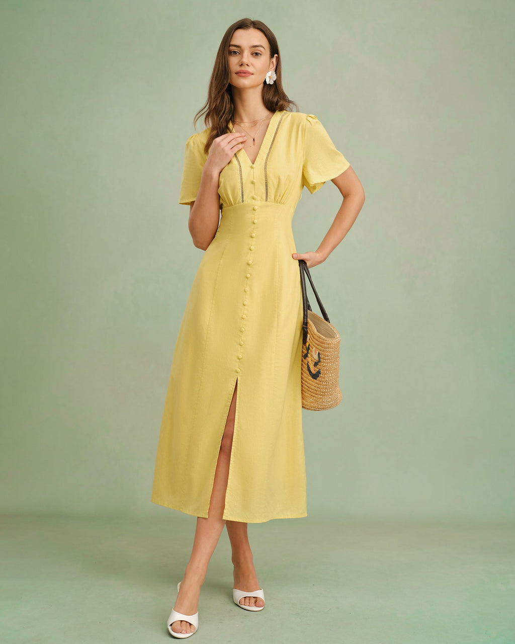 Yellow V-Neck Midi Dress with Buttons