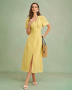 Yellow V-Neck Midi Dress with Buttons