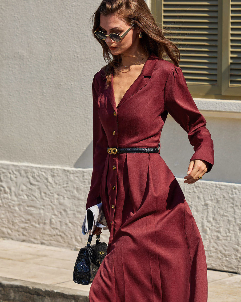 Wine Red Gathered A-Line Midi Dress
