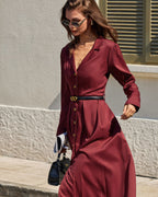 Wine Red Gathered A-Line Midi Dress